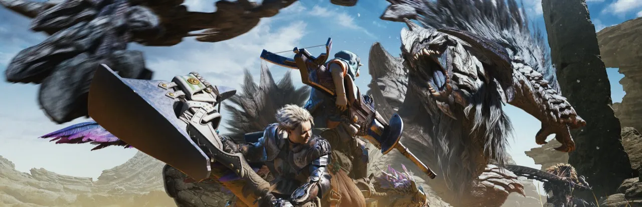 A hunter facing a large monster in a rocky landscape, official key art for Monster Hunter Wilds
